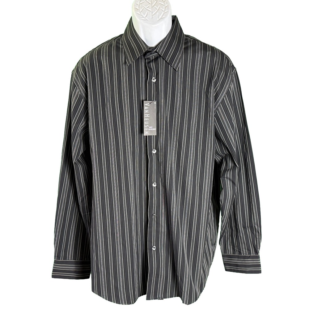 Van Heusen Button Down Shirt Mens L Black White Striped Long Sleeve Non Iron